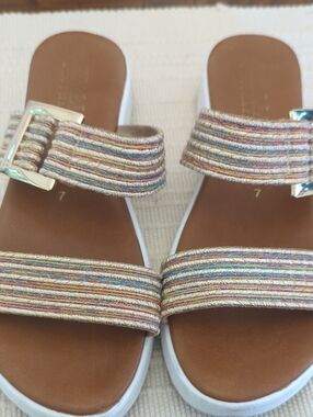 Italian Shoemakers Multicolor Rope-Strap Slide Sandals with Gold Buckle